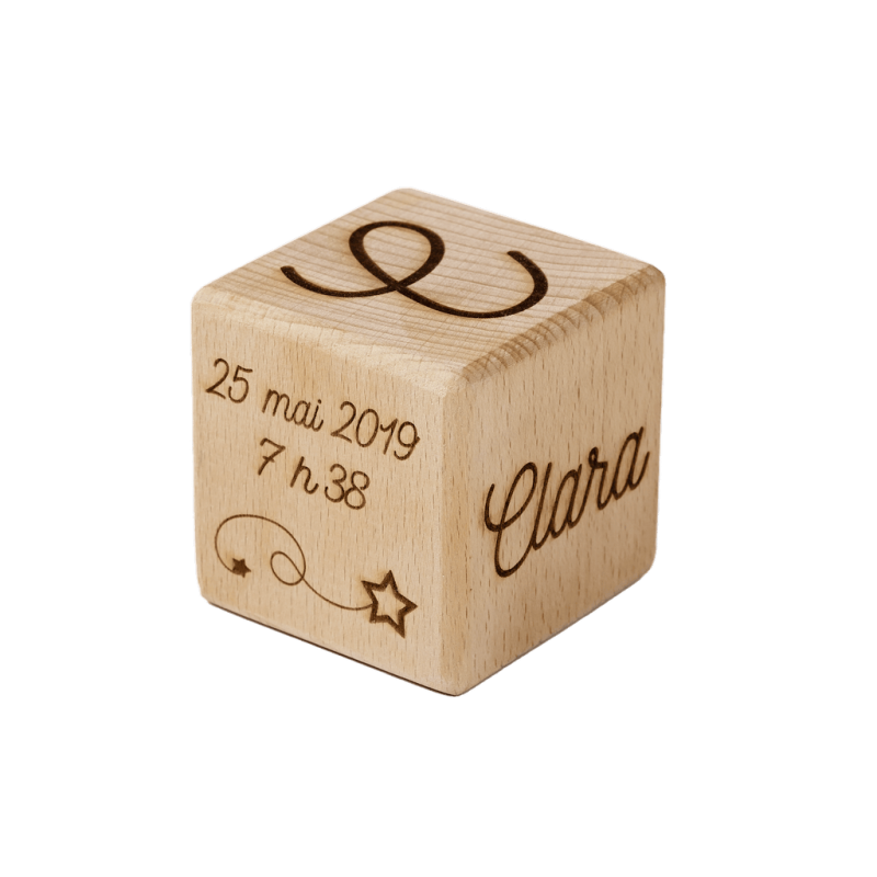 Cube personnalisé - Hêtre massif-  Faire-part en bois - Cadeau de naissance