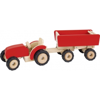 Tracteur en bois avec remorque - Rouge